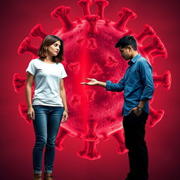 Two individuals, standing on opposite sides of a dramatic, symbolic virus illustration, representing separation and connection