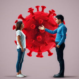 Two individuals, standing on opposite sides of a dramatic, symbolic virus illustration, representing separation and connection