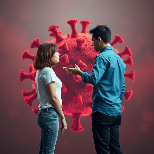 Two individuals, standing on opposite sides of a dramatic, symbolic virus illustration, representing separation and connection