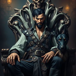 A sinister male fantasy pirate with short black hair and a short pointy beard, seated on an imposing throne made of intricately carved bones