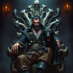 A sinister male fantasy pirate with short black hair and a short pointy beard, seated on an imposing throne made of intricately carved bones