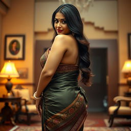 A voluptuous Indian woman wearing a traditional saree, gracefully wrapped, emphasizing her curvy figure without a blouse