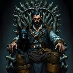 A sinister male fantasy pirate with short black hair and a short pointy beard, seated on an imposing throne made of intricately carved bones