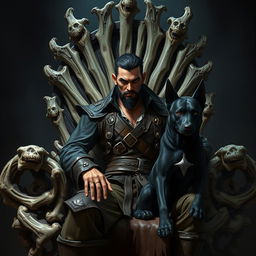 A sinister male fantasy pirate with short black hair and a short pointy beard, seated on an imposing throne made of intricately carved bones