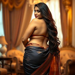 A voluptuous Indian woman wearing a traditional saree, gracefully wrapped, emphasizing her curvy figure without a blouse