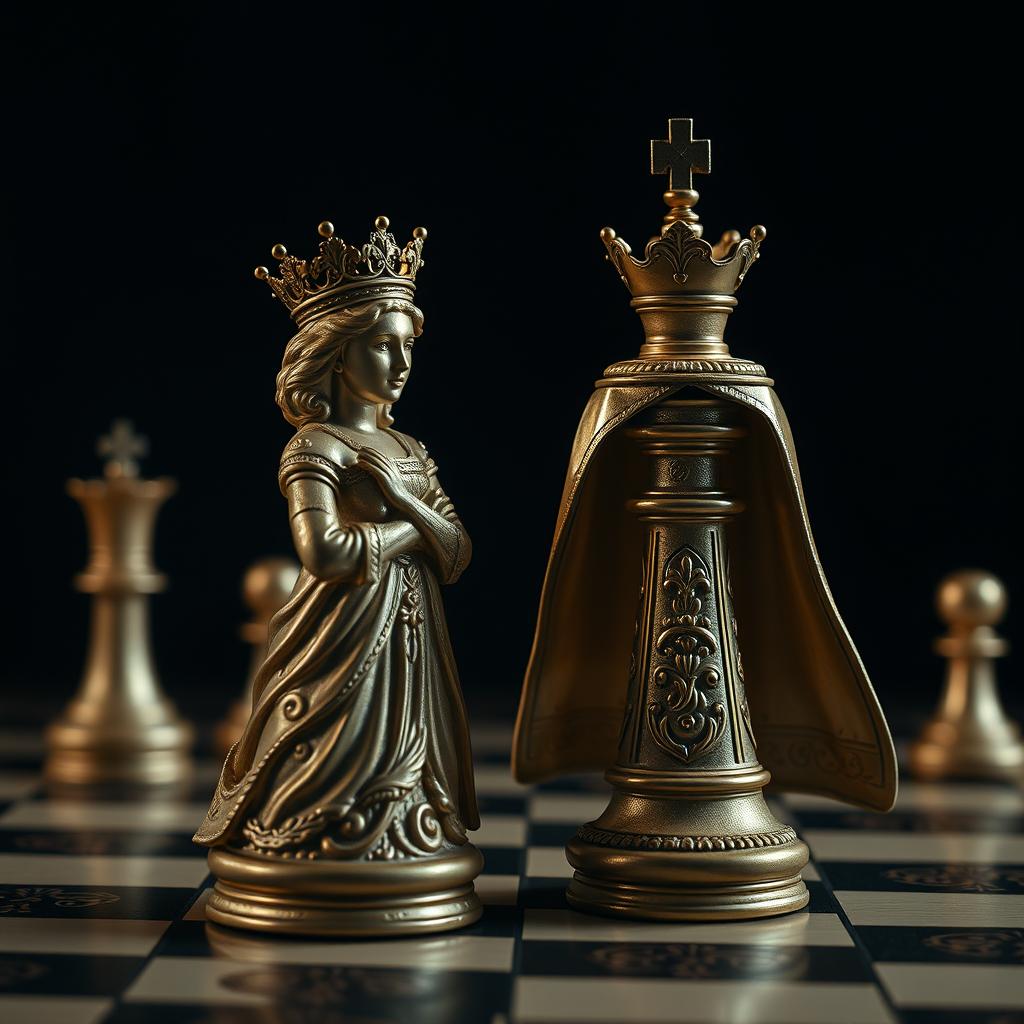 A majestic chess set with an intricately designed queen and king piece as the focal point