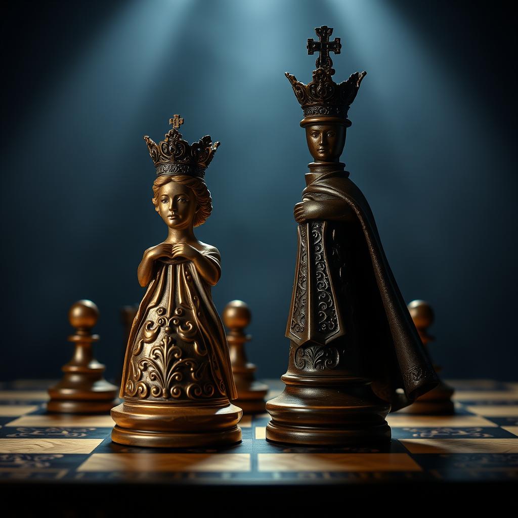 A majestic chess set with an intricately designed queen and king piece as the focal point