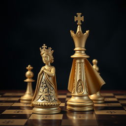 A majestic chess set with an intricately designed queen and king piece as the focal point