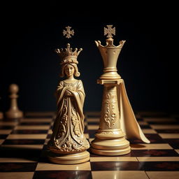 A majestic chess set with an intricately designed queen and king piece as the focal point