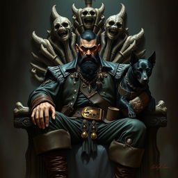 An evil male fantasy pirate with short black hair and a short pointy beard, sitting confidently on a throne made of intricately carved bones, exuding an air of menace and authority