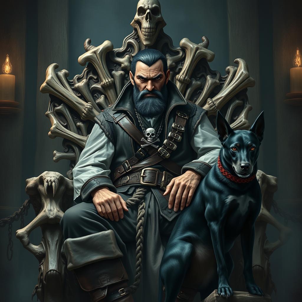 An evil male fantasy pirate with short black hair and a short pointy beard, sitting confidently on a throne made of intricately carved bones, exuding an air of menace and authority