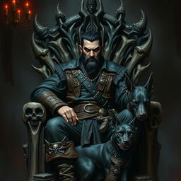 An evil male fantasy pirate with short black hair and a short pointy beard, sitting confidently on a throne made of intricately carved bones, exuding an air of menace and authority