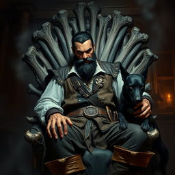 An evil male fantasy pirate with short black hair and a short pointy beard, sitting confidently on a throne made of intricately carved bones, exuding an air of menace and authority