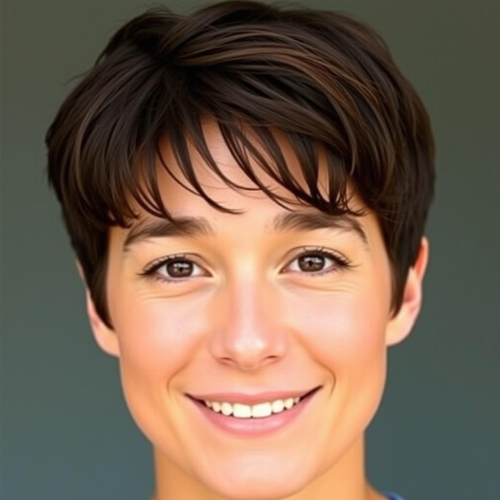 A portrait of a person with short, dark brown hair styled in a slightly messy, relaxed, and sporty manner, featuring a bit of volume on top