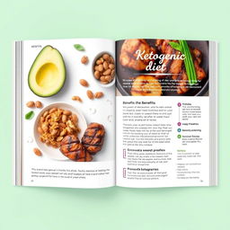 A beautifully designed book page about the ketogenic diet, showcasing visually appealing images of keto-friendly foods such as avocados, nuts, and grilled meats