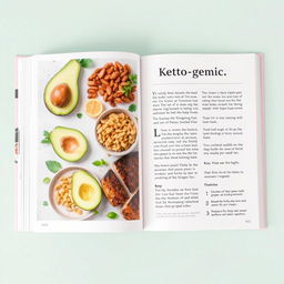 A beautifully designed book page about the ketogenic diet, showcasing visually appealing images of keto-friendly foods such as avocados, nuts, and grilled meats