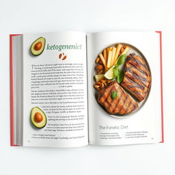 A beautifully designed book page about the ketogenic diet, showcasing visually appealing images of keto-friendly foods such as avocados, nuts, and grilled meats