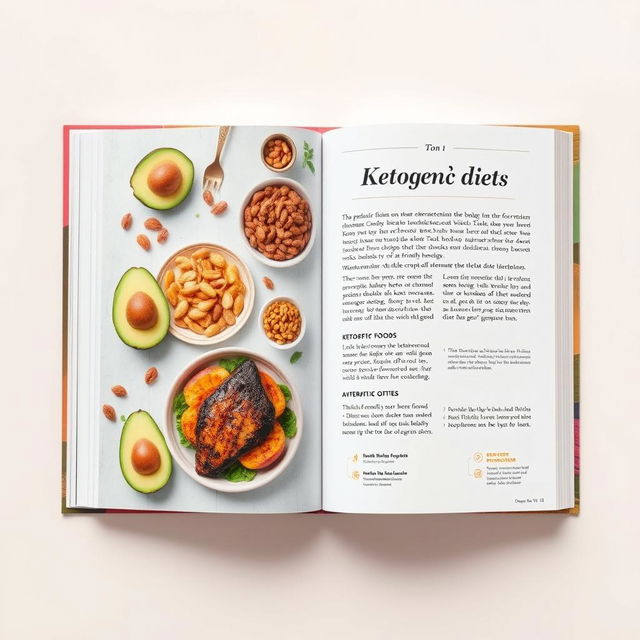 A beautifully designed book page about the ketogenic diet, showcasing visually appealing images of keto-friendly foods such as avocados, nuts, and grilled meats