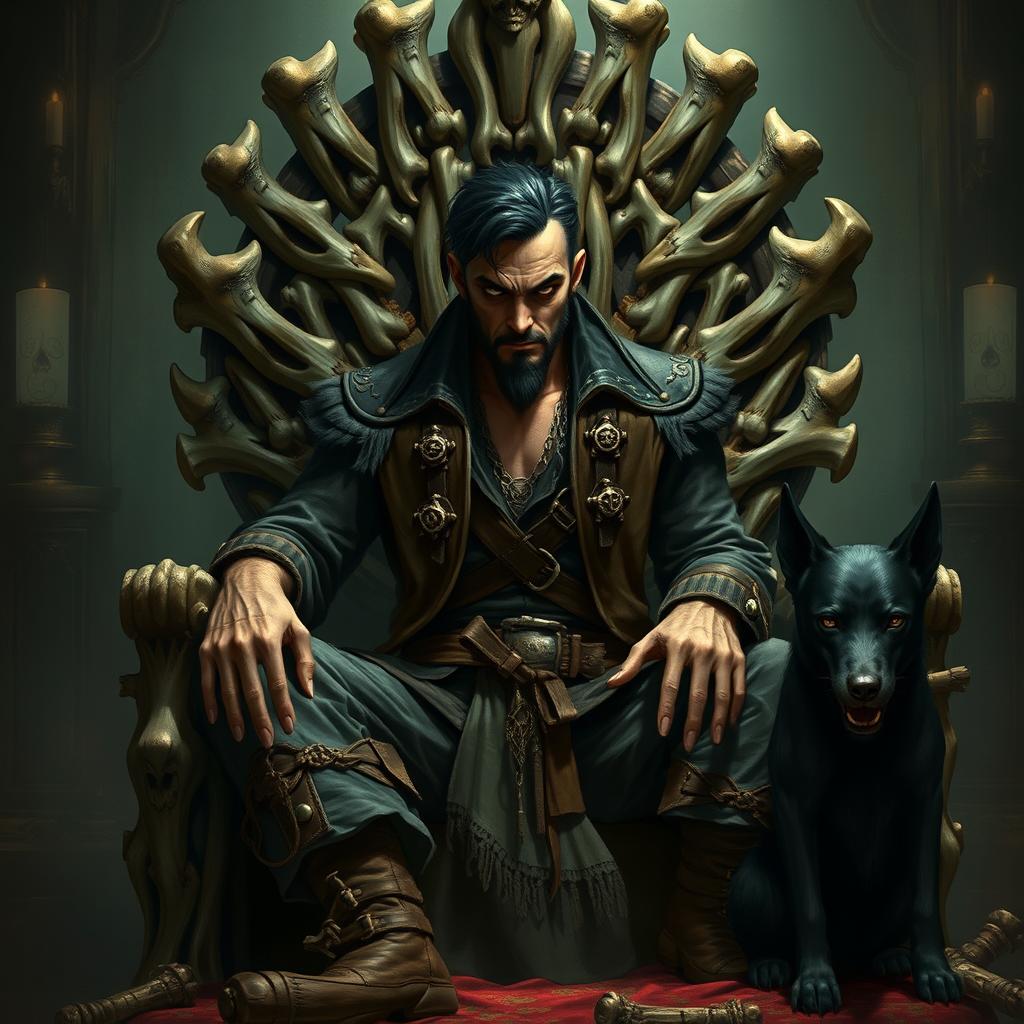 A sinister male fantasy pirate with short black hair and a short pointy beard, seated on an imposing throne made of intricately carved bones