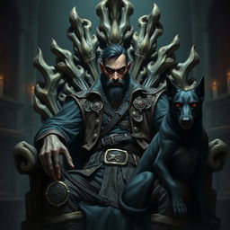 A sinister male fantasy pirate with short black hair and a short pointy beard, seated on an imposing throne made of intricately carved bones