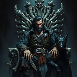 A sinister male fantasy pirate with short black hair and a short pointy beard, seated on an imposing throne made of intricately carved bones