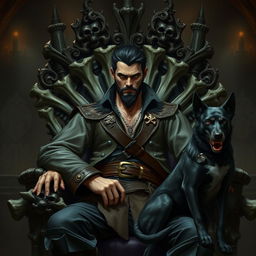 A sinister male fantasy pirate with short black hair and a short pointy beard, seated on an imposing throne made of intricately carved bones