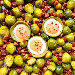 A delicious and vibrant dish of roasted Brussels sprouts and bacon bits, perfectly arranged on a baking sheet