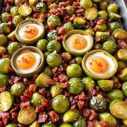 A delicious and vibrant dish of roasted Brussels sprouts and bacon bits, perfectly arranged on a baking sheet