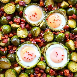 A delicious and vibrant dish of roasted Brussels sprouts and bacon bits, perfectly arranged on a baking sheet