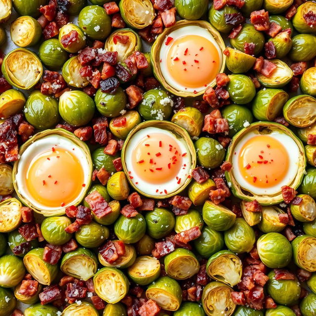 A delicious and vibrant dish of roasted Brussels sprouts and bacon bits, perfectly arranged on a baking sheet