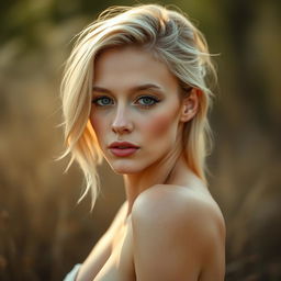 A beautiful blonde woman with a light rosy skin tone, posing confidently and artistically in a natural, serene setting