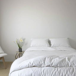 Small bedroom with white walls, white bedding, and minimalistic decor