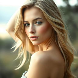 A beautiful blonde woman with a light rosy skin tone, posing confidently and artistically in a natural, serene setting