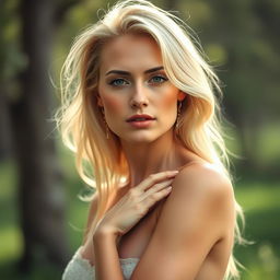 A beautiful blonde woman with a light rosy skin tone, posing confidently and artistically in a natural, serene setting