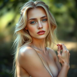 A beautiful blonde woman with a light rosy skin tone, posing confidently and artistically in a natural, serene setting