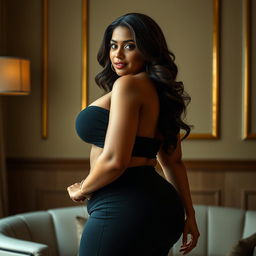 A portrait of a voluptuous woman with striking curves, emphasized by her confident pose