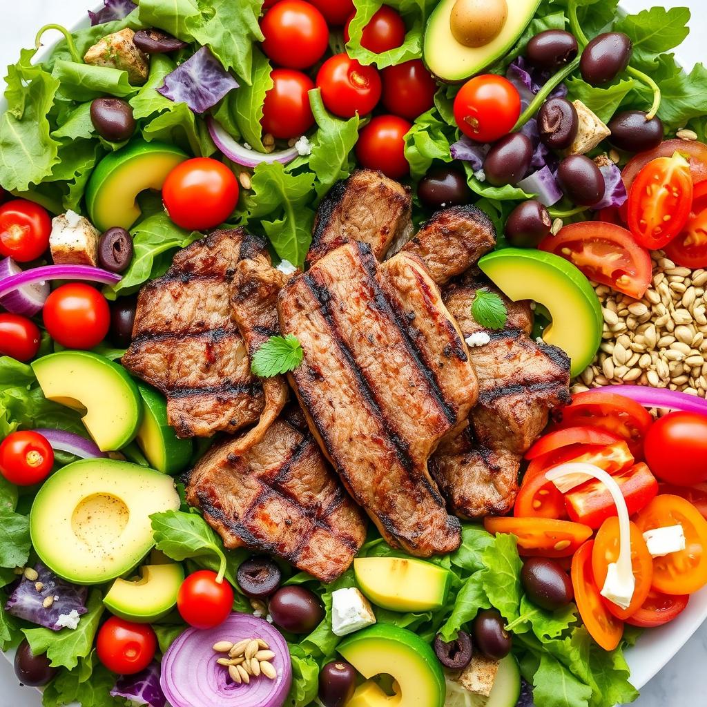 A vibrant and appetizing image showcasing the essence of the ketogenic diet, featuring a central dish of succulent grilled meats surrounded by a diverse array of colorful salads