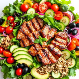 A vibrant and appetizing image showcasing the essence of the ketogenic diet, featuring a central dish of succulent grilled meats surrounded by a diverse array of colorful salads