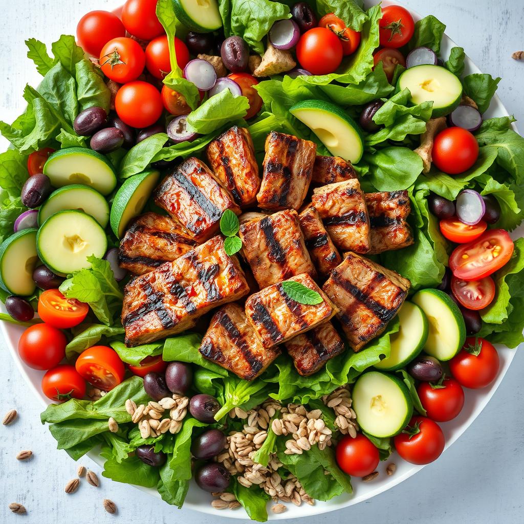 A vibrant and appetizing image showcasing the essence of the ketogenic diet, featuring a central dish of succulent grilled meats surrounded by a diverse array of colorful salads