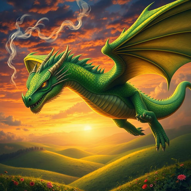 A stunningly detailed dragon with gleaming emerald green scales soaring through the sky, tendrils of smoke billowing from its nostrils against a sunset backdrop with fiery oranges and deep purples