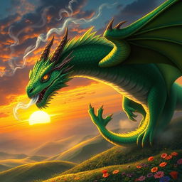 A stunningly detailed dragon with gleaming emerald green scales soaring through the sky, tendrils of smoke billowing from its nostrils against a sunset backdrop with fiery oranges and deep purples