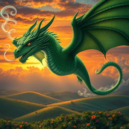 A stunningly detailed dragon with gleaming emerald green scales soaring through the sky, tendrils of smoke billowing from its nostrils against a sunset backdrop with fiery oranges and deep purples