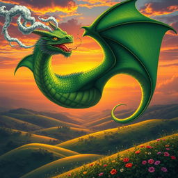 A stunningly detailed dragon with gleaming emerald green scales soaring through the sky, tendrils of smoke billowing from its nostrils against a sunset backdrop with fiery oranges and deep purples