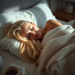 A peaceful scene featuring a blonde woman sleeping in a cozy bedroom