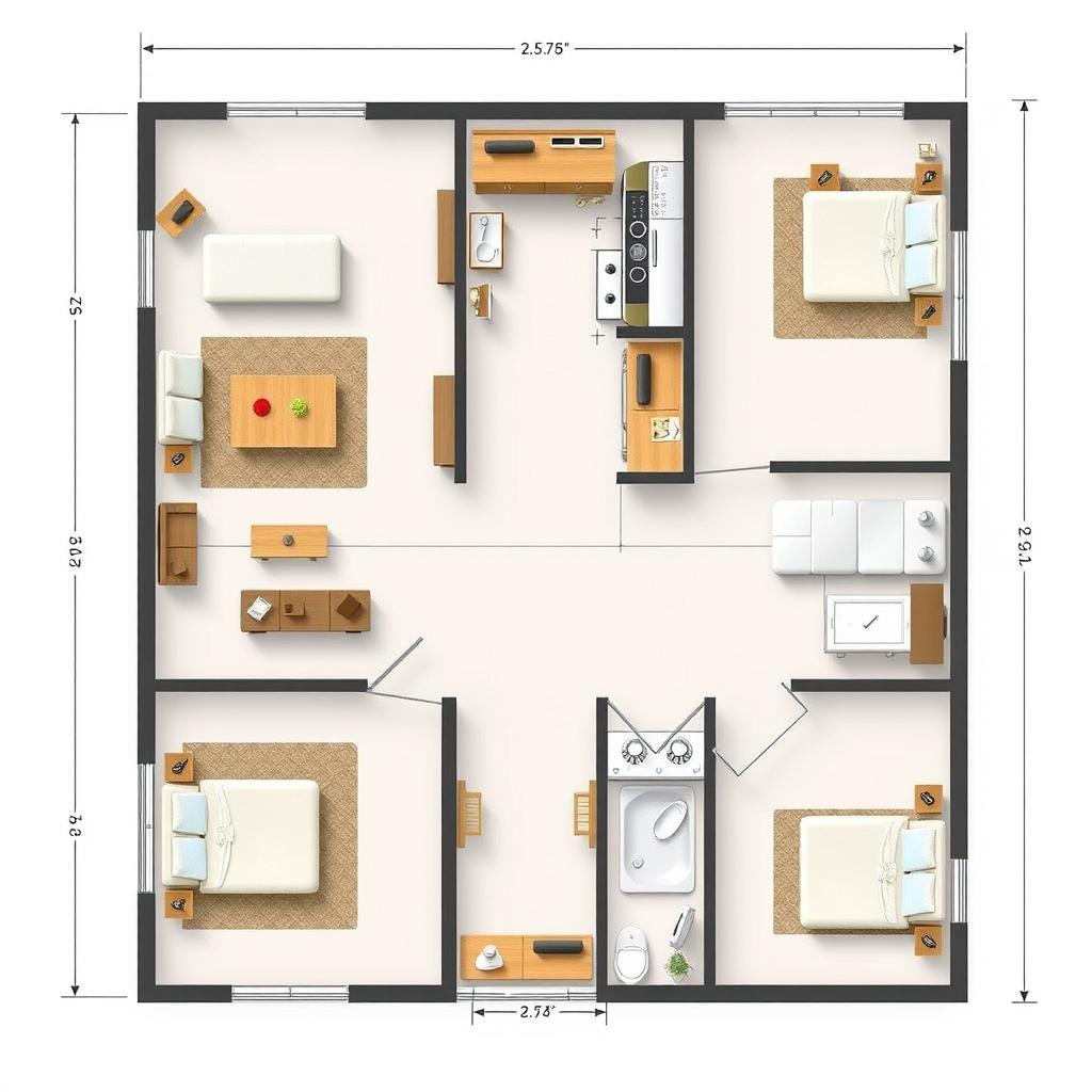 A detailed, furnished floor plan with precise measurements, showcasing various rooms including a living room, kitchen, bedroom, and bathroom