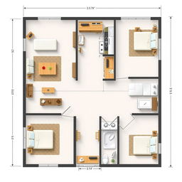 A detailed, furnished floor plan with precise measurements, showcasing various rooms including a living room, kitchen, bedroom, and bathroom