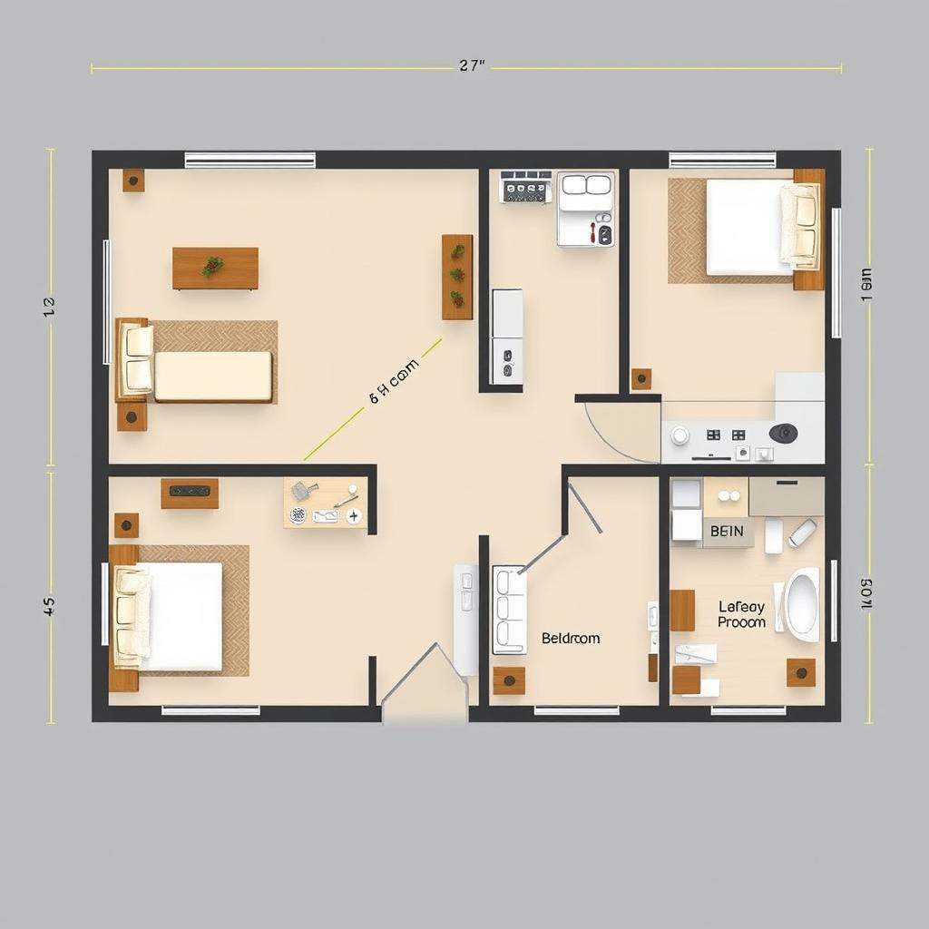 A detailed, furnished floor plan with precise measurements, showcasing various rooms including a living room, kitchen, bedroom, and bathroom