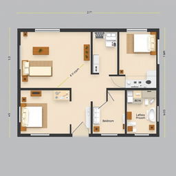 A detailed, furnished floor plan with precise measurements, showcasing various rooms including a living room, kitchen, bedroom, and bathroom