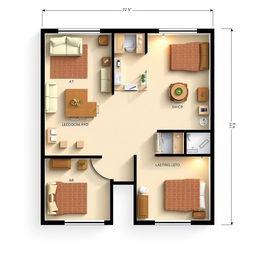 A detailed, furnished floor plan with precise measurements, showcasing various rooms including a living room, kitchen, bedroom, and bathroom