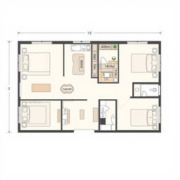 A detailed, furnished floor plan with precise measurements, showcasing various rooms including a living room, kitchen, bedroom, and bathroom